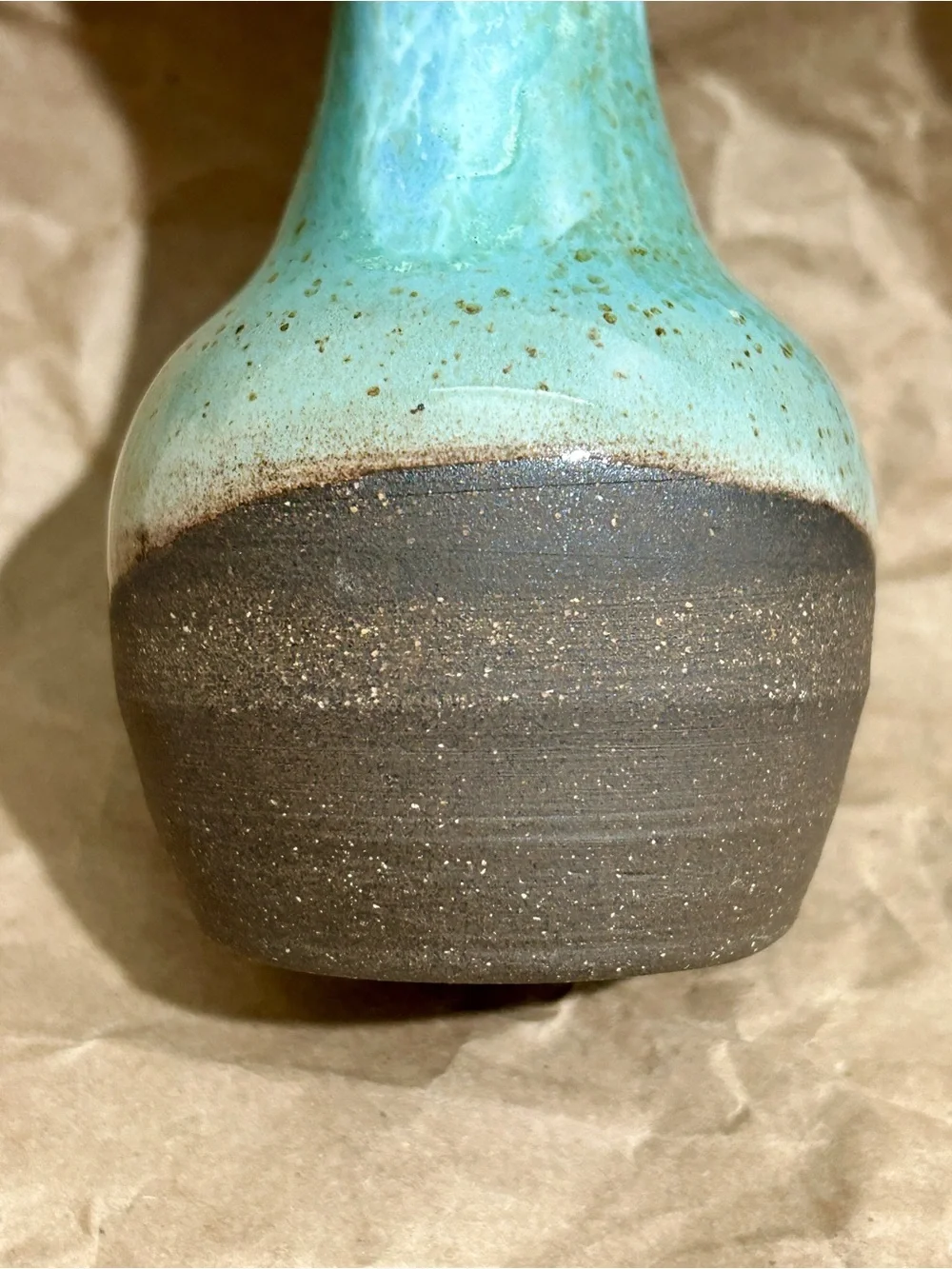 Signed Studio Art Pottery Bud Vase Turquoise 2Tone Speckled Glaze Stoneware 4.5”